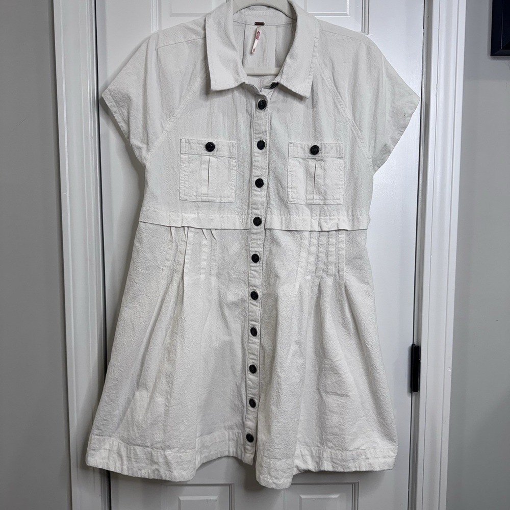 Free People White Cotton Button Front Shirt Dress Womens Medium Boho Mini